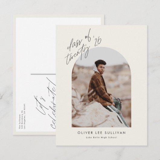 Boho Class of 2025 Arch写真卒業 インビテーションポストカード (正面/裏面)