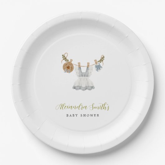 Boho Clothesline女の子の青と白の水色 ペーパープレート (正面)