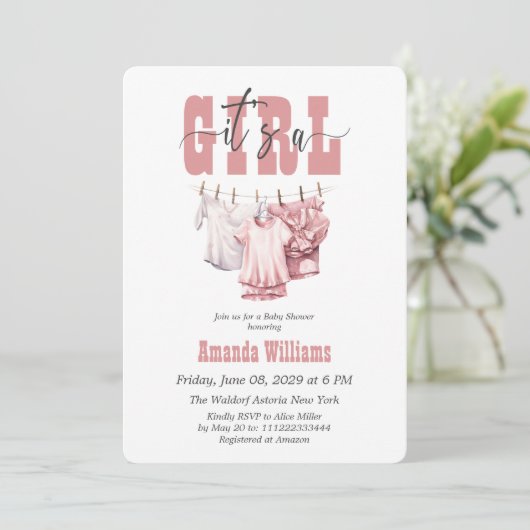 Boho Clothesline Pink Its a Girl Baby Shower 招待状 (スタンド正面)