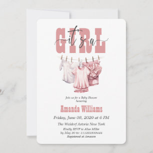 Boho Clothesline Pink Its a Girl Baby Shower 招待状