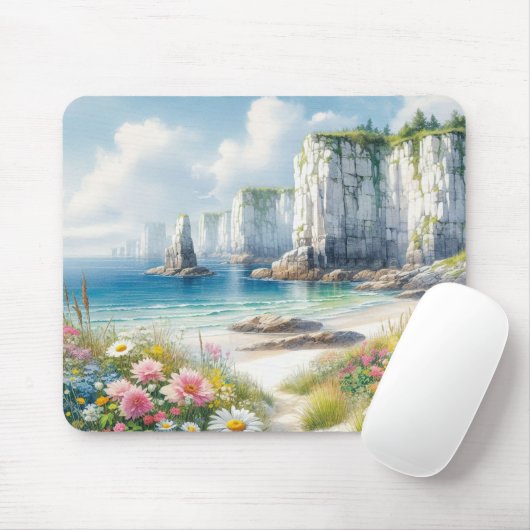 Boho Coastal Cliffs Wildflower Beach Art マウスパッド (マウス)
