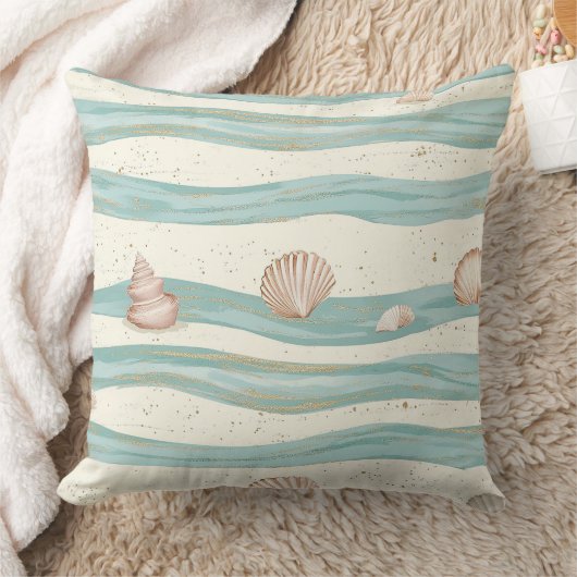Boho Coastal Seashell Wave Pattern (3) クッション (ブランケット)