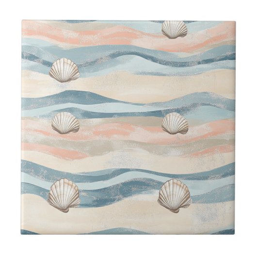 Boho Coastal Seashell Wave Pattern (8) タイル (正面)