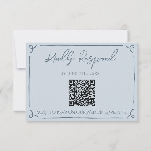 Boho Cool Marina Blue Frame QR Code Wedding  出欠カード (正面)