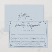 Boho Cool Marina Blue Frame Whimsy Wedding RSVP (正面/裏面)