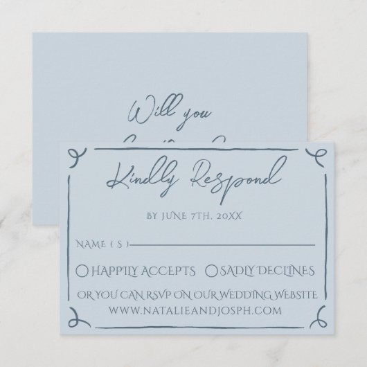 Boho Cool Marina Blue Frame Whimsy Wedding RSVP (正面/裏面)