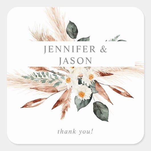 Boho Copper葉Pampas & Beigeフローラありがとう スクエアシール (正面)