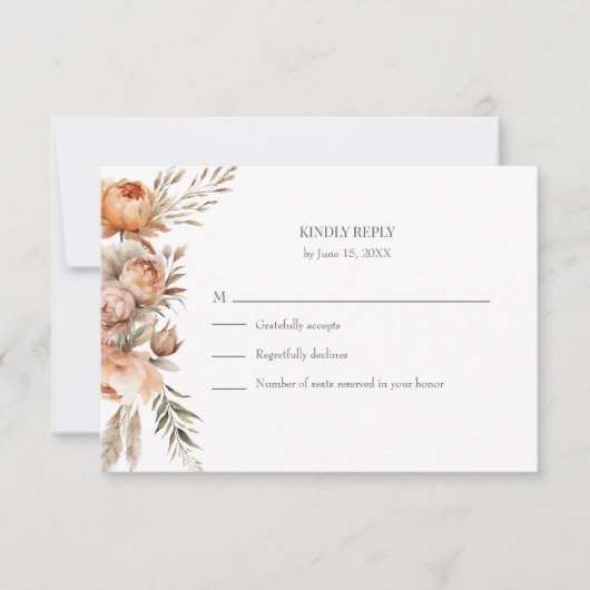 Boho Coral and Peach Dry Flower Wedding RSVP Card (正面)