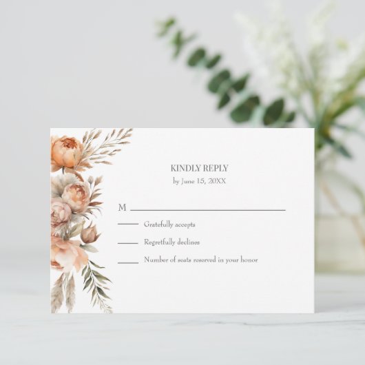 Boho Coral and Peach Dry Flower Wedding RSVP Card (スタンド正面)