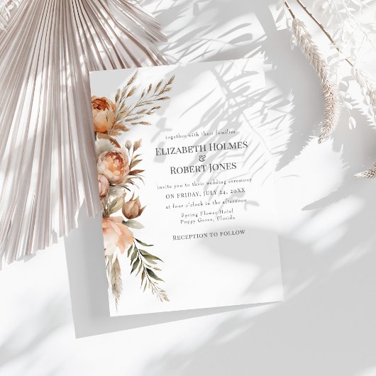 Boho Coral and Peach Dry Flowers 結婚's 招待状