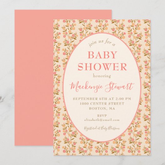 Boho Coral Pink Floral Baby Shower 招待状 (正面/裏面)