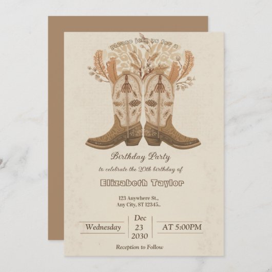 Boho Cowboy Boots Party invitation 招待状 (正面/裏面)