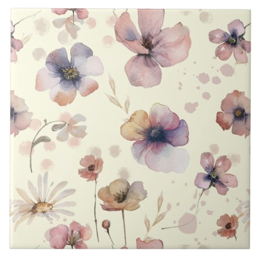 Boho Cream Blush Watercolor Wildflower タイル (正面)