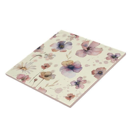 Boho Cream Blush Watercolor Wildflower タイル (側面)