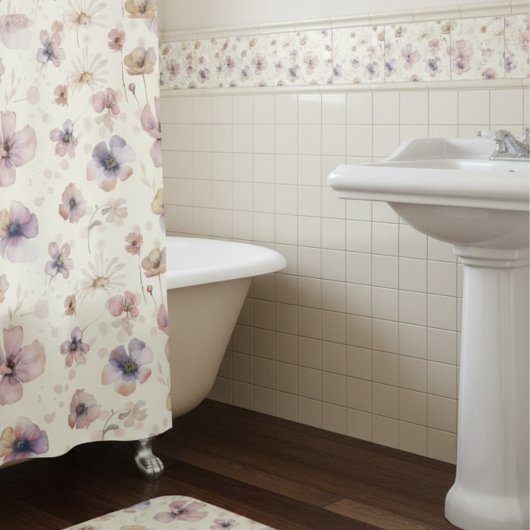 Boho Cream Blush Watercolor Wildflower タイル