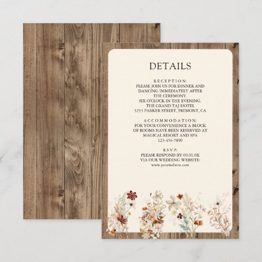Boho Cream Wildflower Wood Wedding Details エンクロージャーカード (正面/裏面)