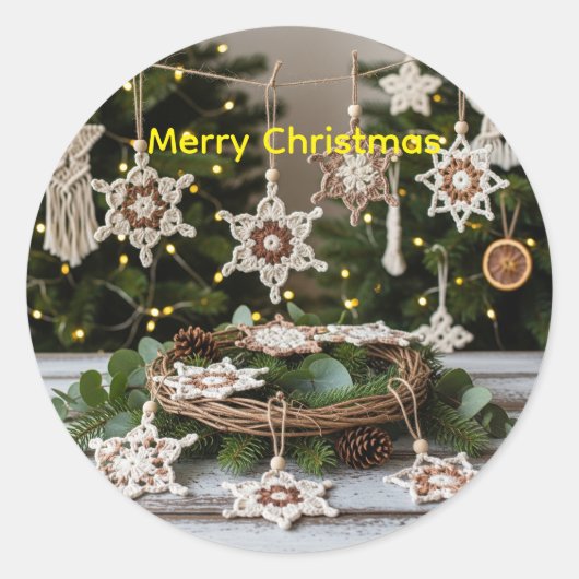 Boho Crochet Snowflake Christmas Sticker ラウンドシール (正面)