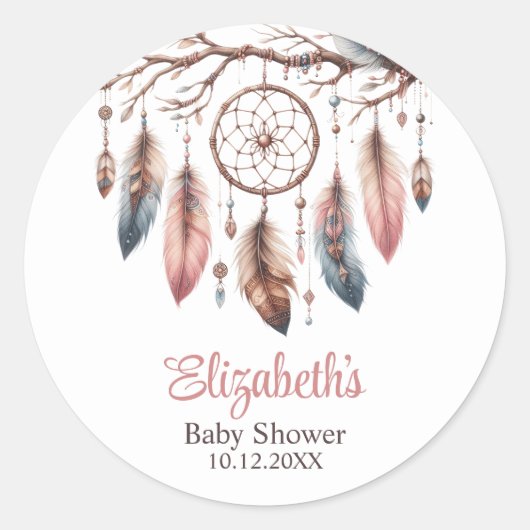 Boho Custom Name Dreamcather Baby Shower ラウンドシール (正面)