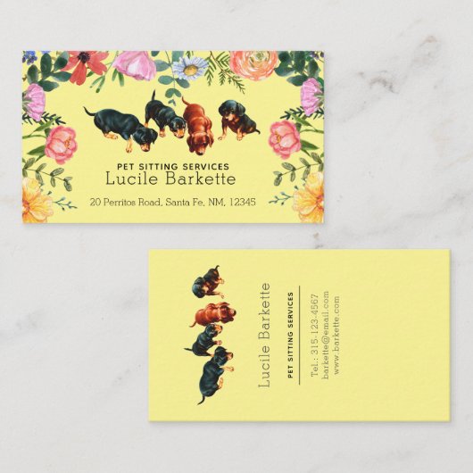 Boho Cute Dachshund Pet Sitting Wildflowers Yellow 名刺 (正面/裏面)