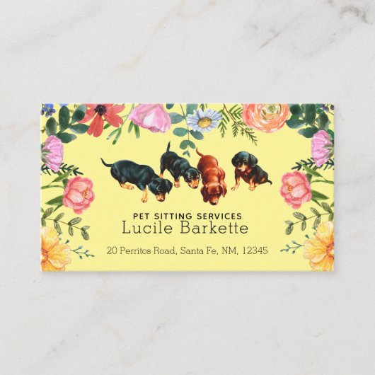 Boho Cute Dachshund Pet Sitting Wildflowers Yellow 名刺 (正面)