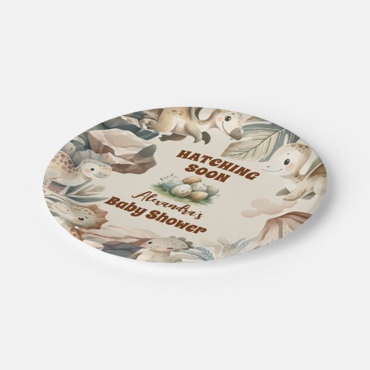 Boho Cute Hatching近日恐竜の赤ちゃんシャワー ペーパープレート (アングル)