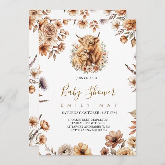 Boho Cute Highland Cow Baby Shower (正面/裏面)