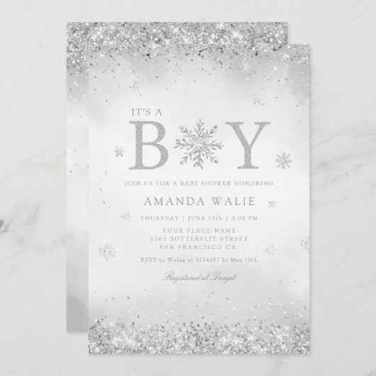 Boho Cute Water Color Blue男の子の赤ちゃんシャワー 招待状 (正面/裏面)