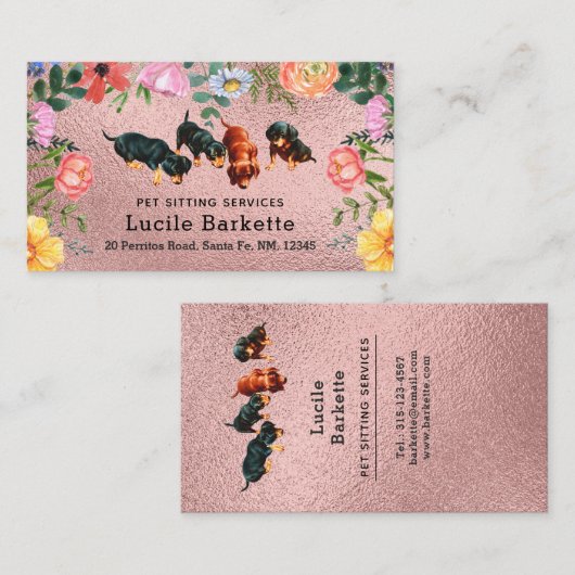 Boho Dachshunds Pet Sitting Wildflowers Pink Foil 名刺 (正面/裏面)