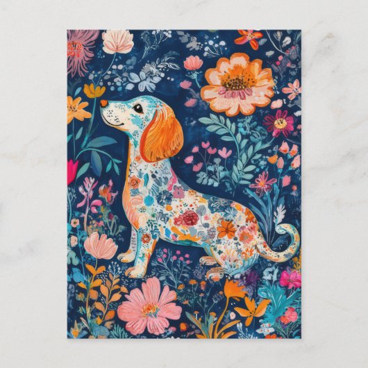 Boho Dackel mit Blumen ポストカード (正面)
