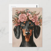 Boho Dackel mit Blumenkranz ポストカード (正面/裏面)