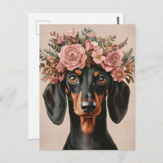 Boho Dackel mit Blumenkranz ポストカード (正面/裏面)
