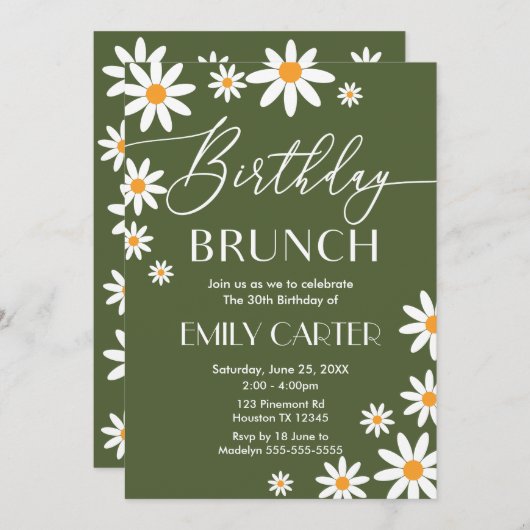 Boho Daisies Birthday Brunch Party Invitation  招待状 (正面/裏面)