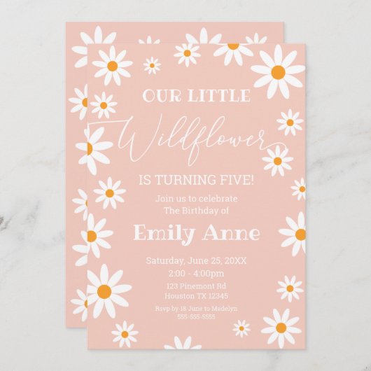 Boho Daisies Wildflower Birthday party invitation 招待状 (正面/裏面)