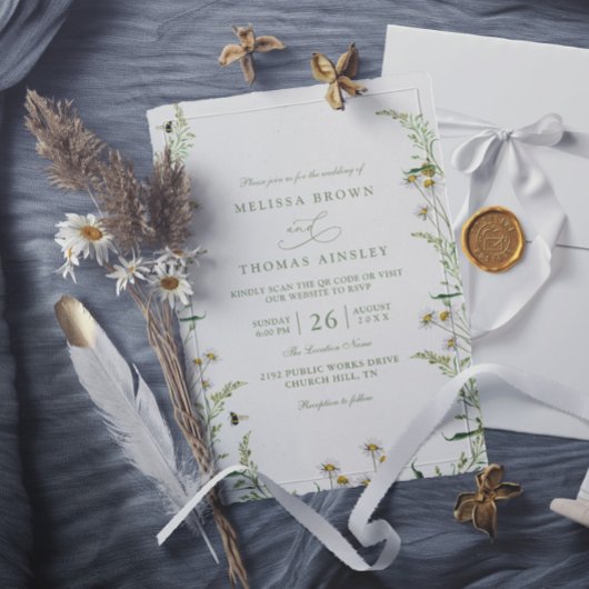Boho Daisy Beidge Wildflower QR Code Wedding 招待状