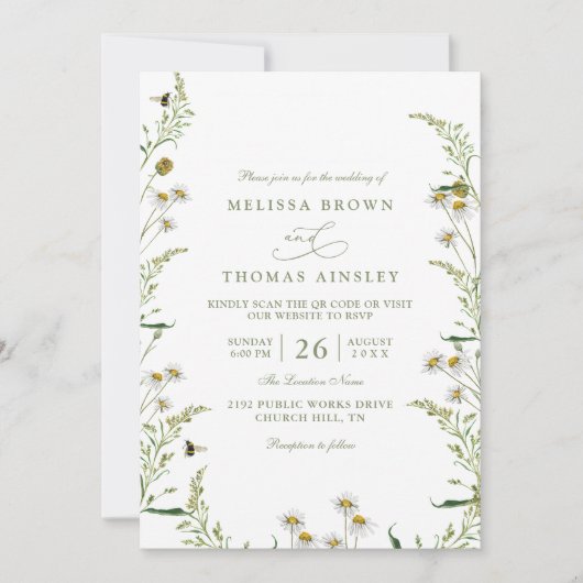 Boho Daisy Beidge Wildflower QR Code Wedding 招待状 (正面)