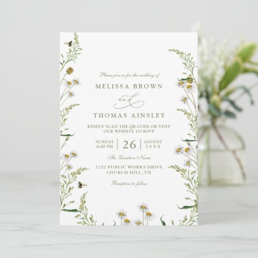 Boho Daisy Beidge Wildflower QR Code Wedding 招待状 (スタンド正面)