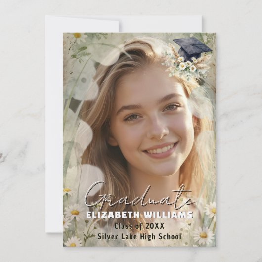 Boho Daisy Pampas Grass Photo Graduation 案内状 (正面)