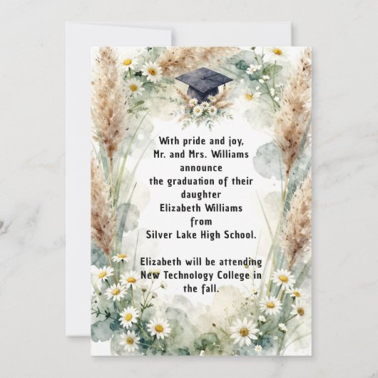 Boho Daisy Pampas Grass Photo Graduation 案内状 (裏面)