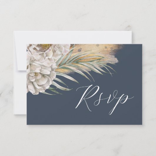 Boho Dark Blue Watercolor Floral RSVP (正面)