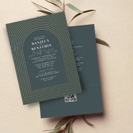Boho Dark Green結婚のArch & RSVP QRコード 箔招待状