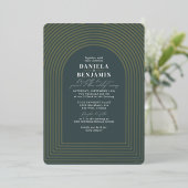 Boho Dark Green結婚のArch & RSVP QRコード 箔招待状 (立ち正面)