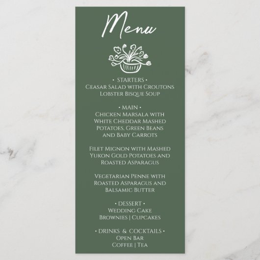 Boho Dark Moss Green Hand Drawn Floral Wedding メニュー (正面)