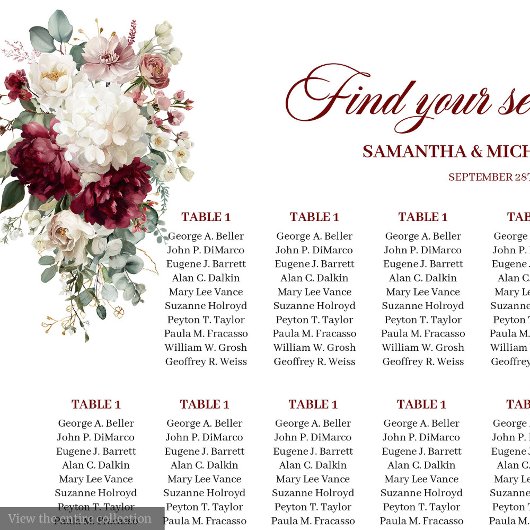 Boho dark red gold roses wedding seating chart art ポスター