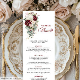 Boho dark red white gold floral wedding menu card メニュー