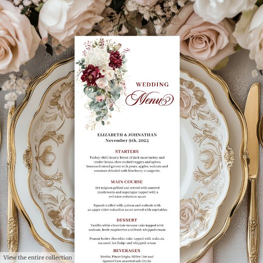 Boho dark red white gold floral wedding menu card メニュー
