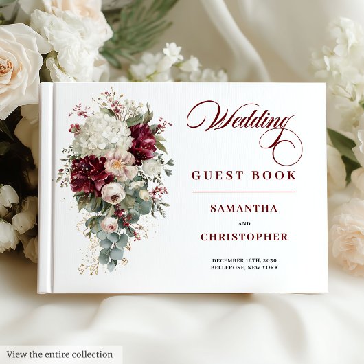 Boho deep red blush gold floral wedding guest book ゲストブック