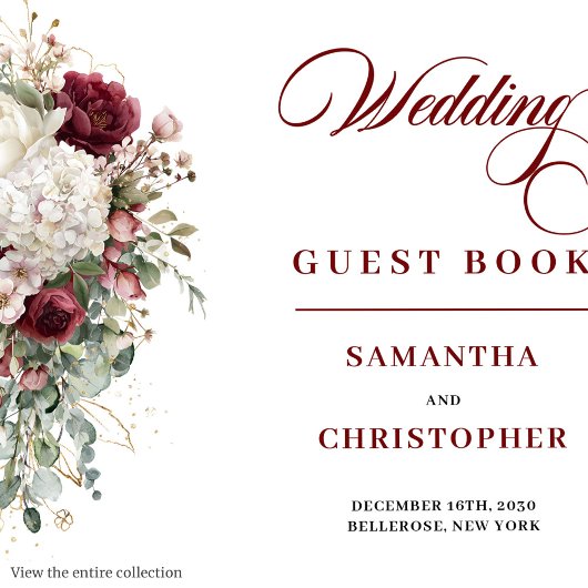 Boho deep red blush gold floral wedding guest book ゲストブック