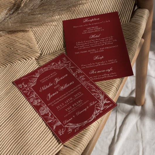 Boho Deep Red Floral Burgundy All In One Wedding 招待状