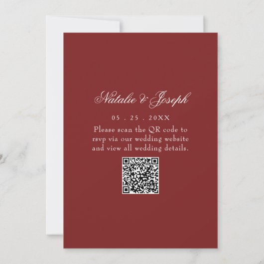 Boho Deep Red Floral QR Code Botanical Wedding 招待状 (裏面)