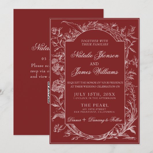 Boho Deep Red Floral QR Code Botanical Wedding 招待状 (正面/裏面)